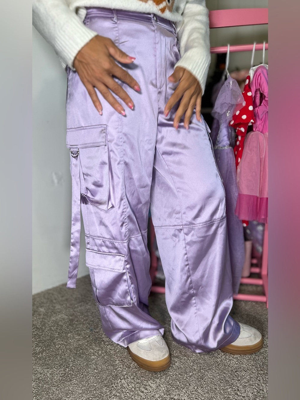 Forever 21 Lilac Satin Wide-Leg Cargo Pants